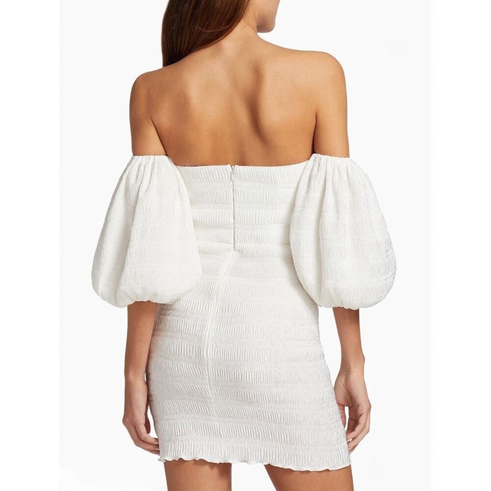 Nwt L'idee Art Deco White Pleated Off Shoulder Puff Sleeve Mini Dress 8 Smocked — image 2 of 8
